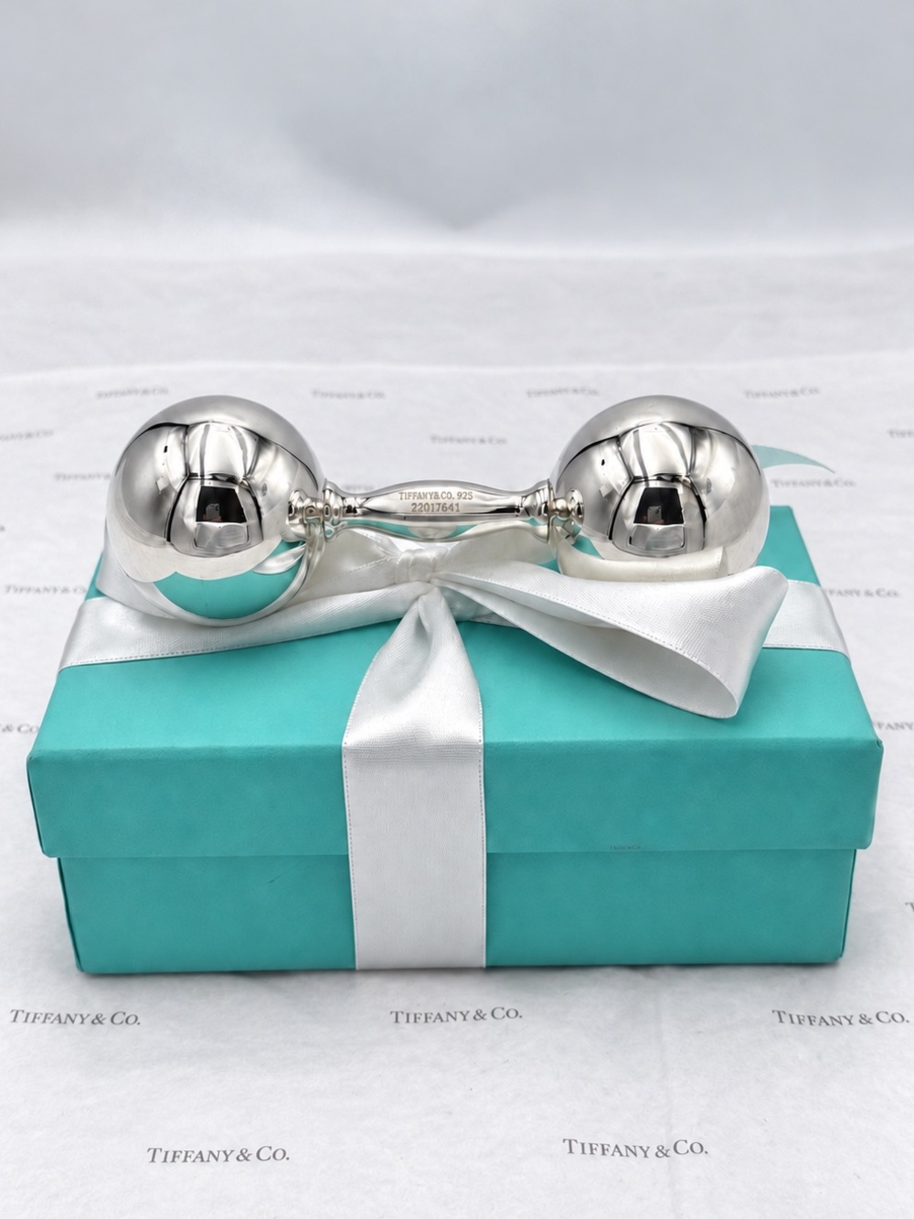 New Tiffany & Co. Barbell Baby Rattle Sterling Silver 925 Gift Box, Bag & Pouch